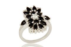 925 Sterling Silver Black Onyx And White Topaz Gemstone Cluster Statement Ring