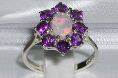 English white gold genuine opal & amethyst cluster flower engagement ring