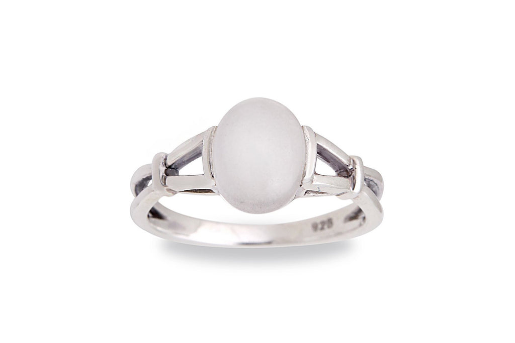 925 Sterling Silver 10 mm Genuine White Oval Moonstone Band Ring