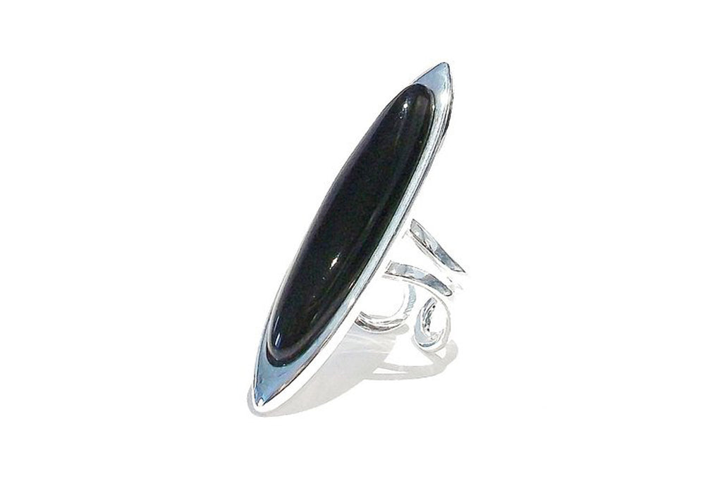 Long Black Agate Cabochon Adjustable Oval Ring