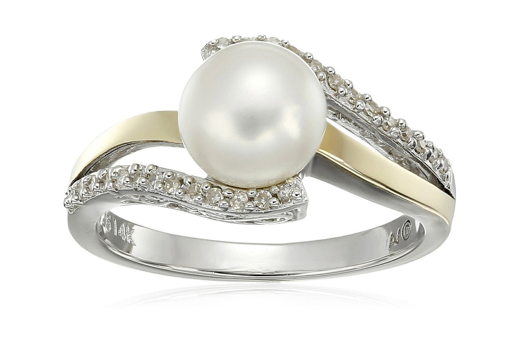 Sterling Silver and 14k Yellow Gold 7mm Freshwater Cultured Pearl and Diamond Ring