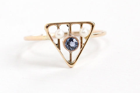 Antique Edwardian 10k Yellow Gold Genuine Sapphire & Seed Pearl Ring