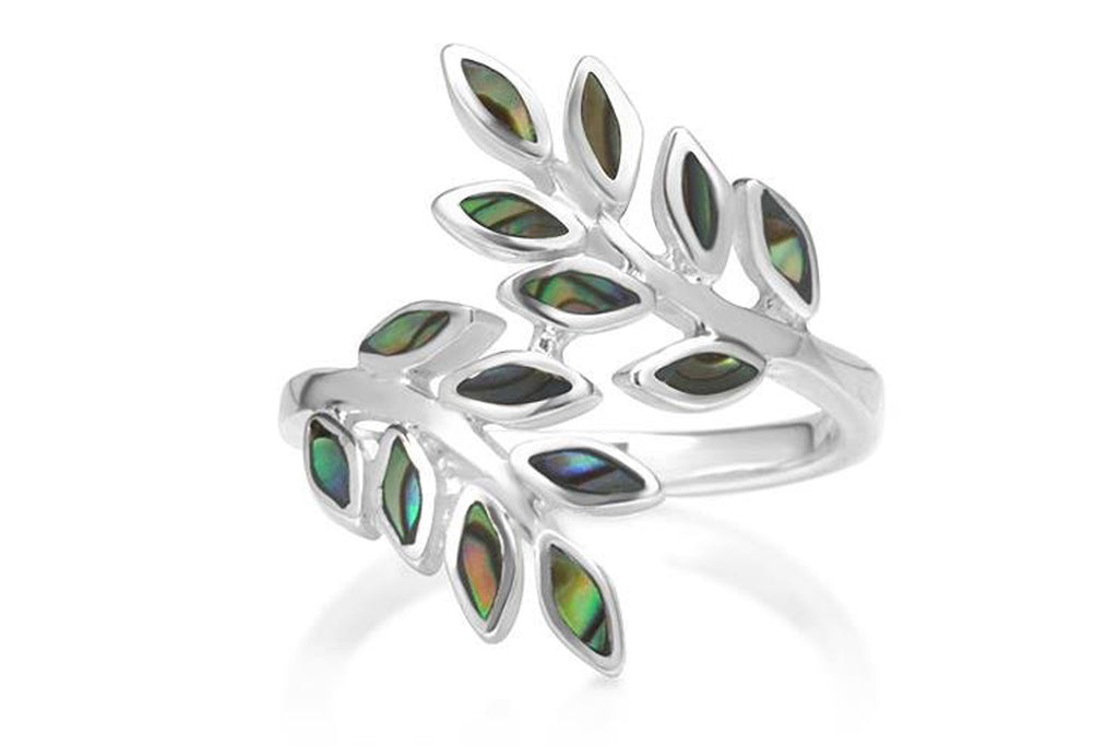 925 Sterling Silver Natural Green Abalone Shell Ivy Leaf Vine Design Ring, 23 mm