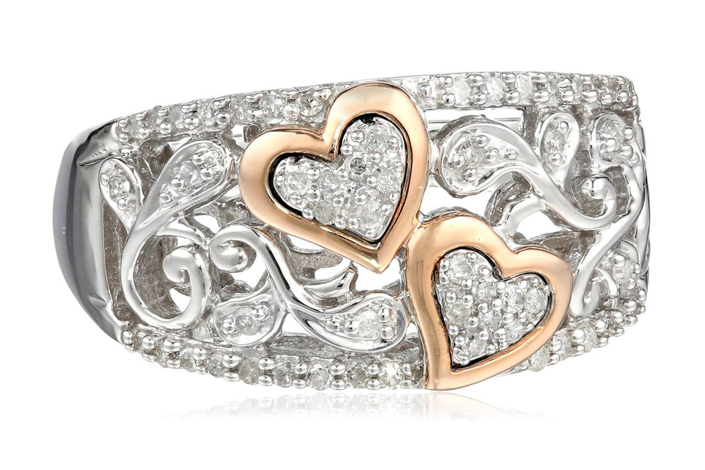 Sterling Silver and 14k Pink Gold Diamond Hearts Ring (1/4 cttw, I-J Color, I2-I3 Clarity)
