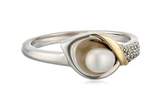Sterling Silver and 14k Yellow Gold Freshwater Cultured Pearl and Diamond Calla Lilly Ring, Size 7