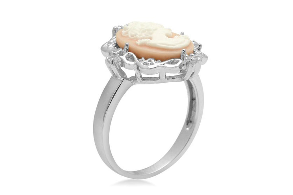 Sterling Silver Pink Cameo Ring with Created White Sapphire, Size 7