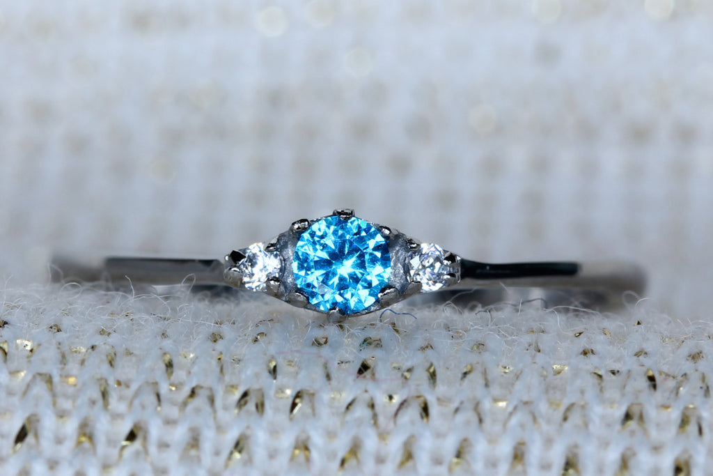 Natural aquamarine and white sapphire 3 stone trilogy ring