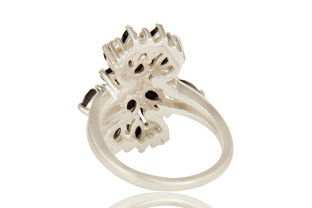 925 Sterling Silver Black Onyx And White Topaz Gemstone Cluster Statement Ring