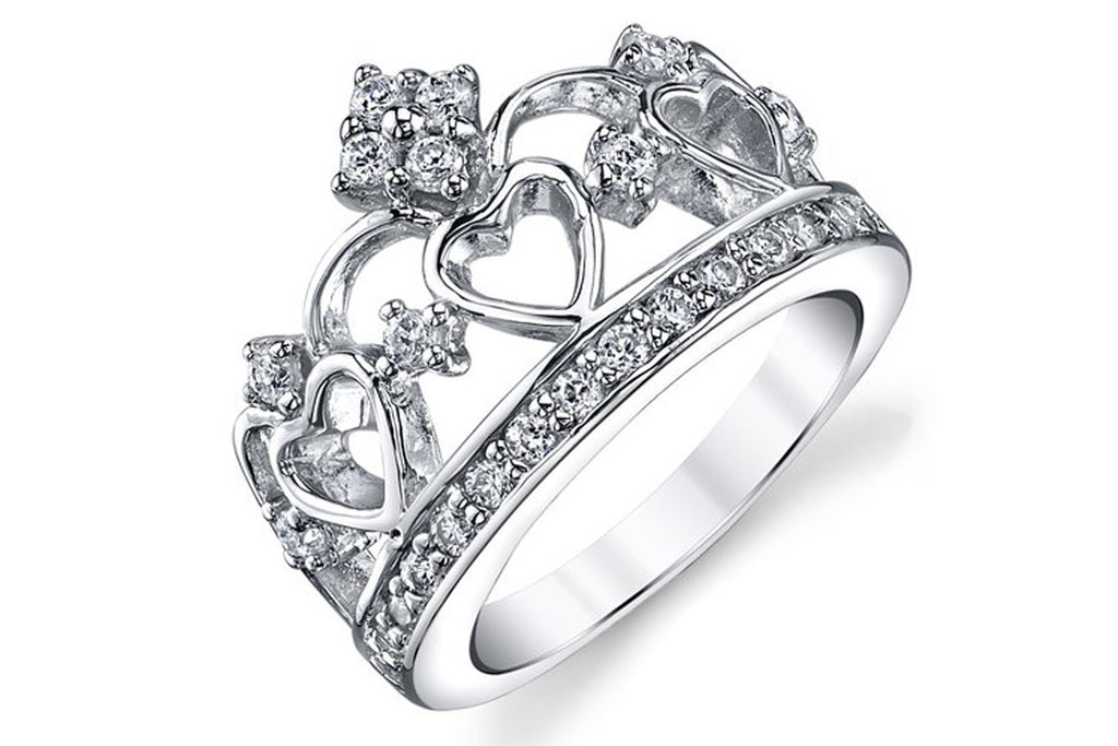 925 Sterling Silver Cubic Zirconia Princess Crown Tiara CZ Band Ring