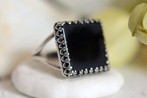 Black onyx square gemstone ring in silver