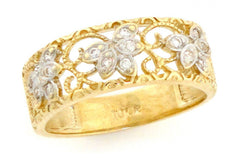 10k Solid Yellow Gold Filigree Leaf Design CZ Band Ring
