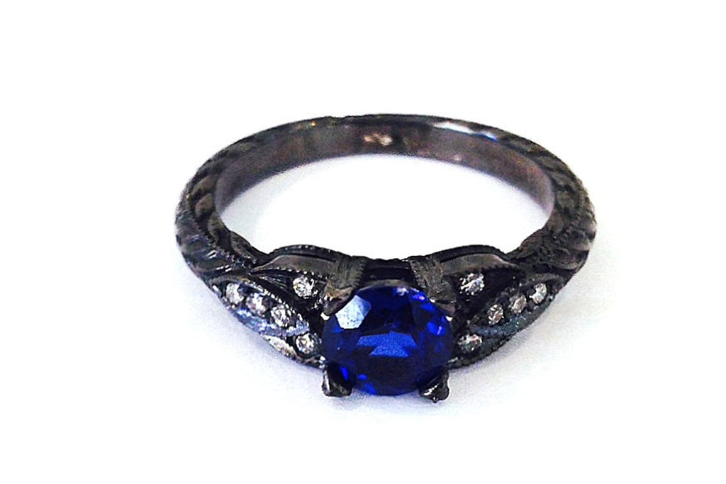 Sapphire Engagement Ring 14k Black Gold With Diamonds