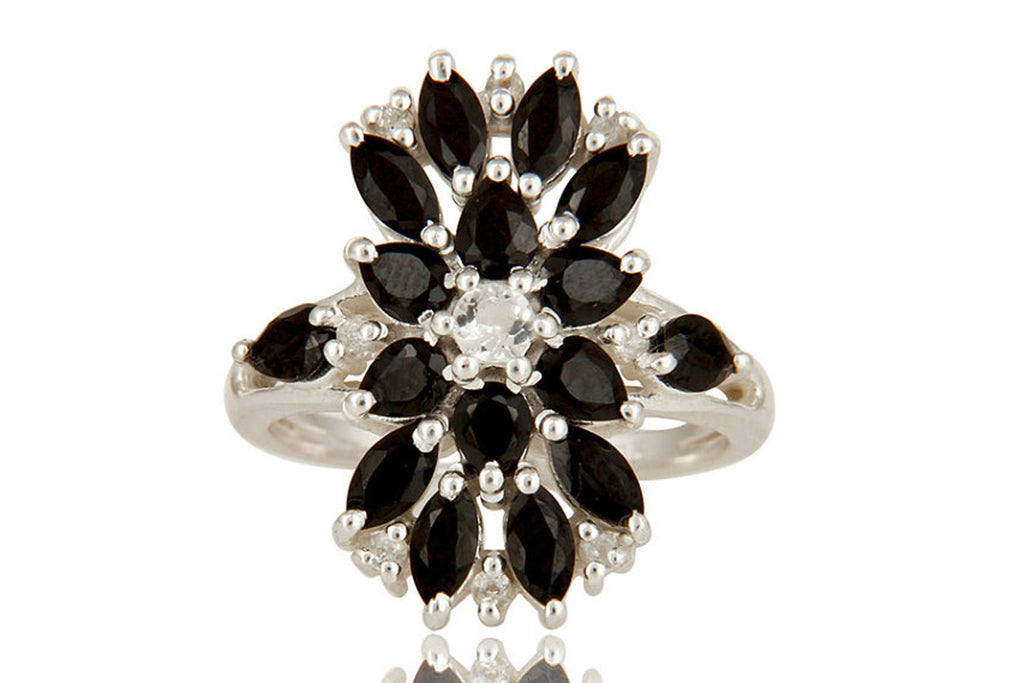 925 Sterling Silver Black Onyx And White Topaz Gemstone Cluster Statement Ring
