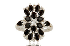 925 Sterling Silver Black Onyx And White Topaz Gemstone Cluster Statement Ring