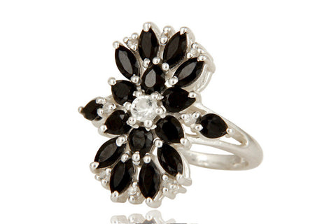 925 Sterling Silver Black Onyx And White Topaz Gemstone Cluster Statement Ring