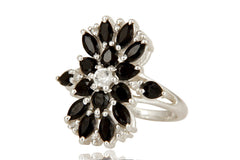 925 Sterling Silver Black Onyx And White Topaz Gemstone Cluster Statement Ring