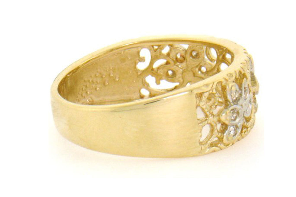 10k Solid Yellow Gold Filigree Leaf Design CZ Band Ring