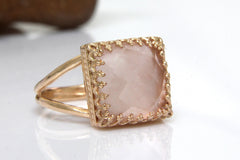 14k rose gold pink quartz stone ring