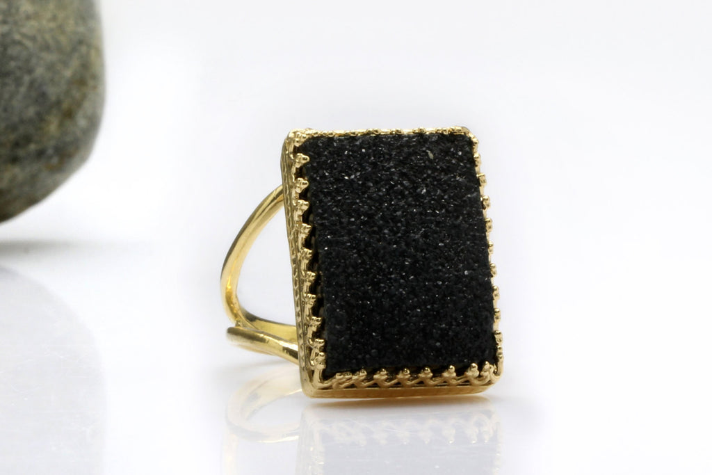 Rectangular black druzy ring
